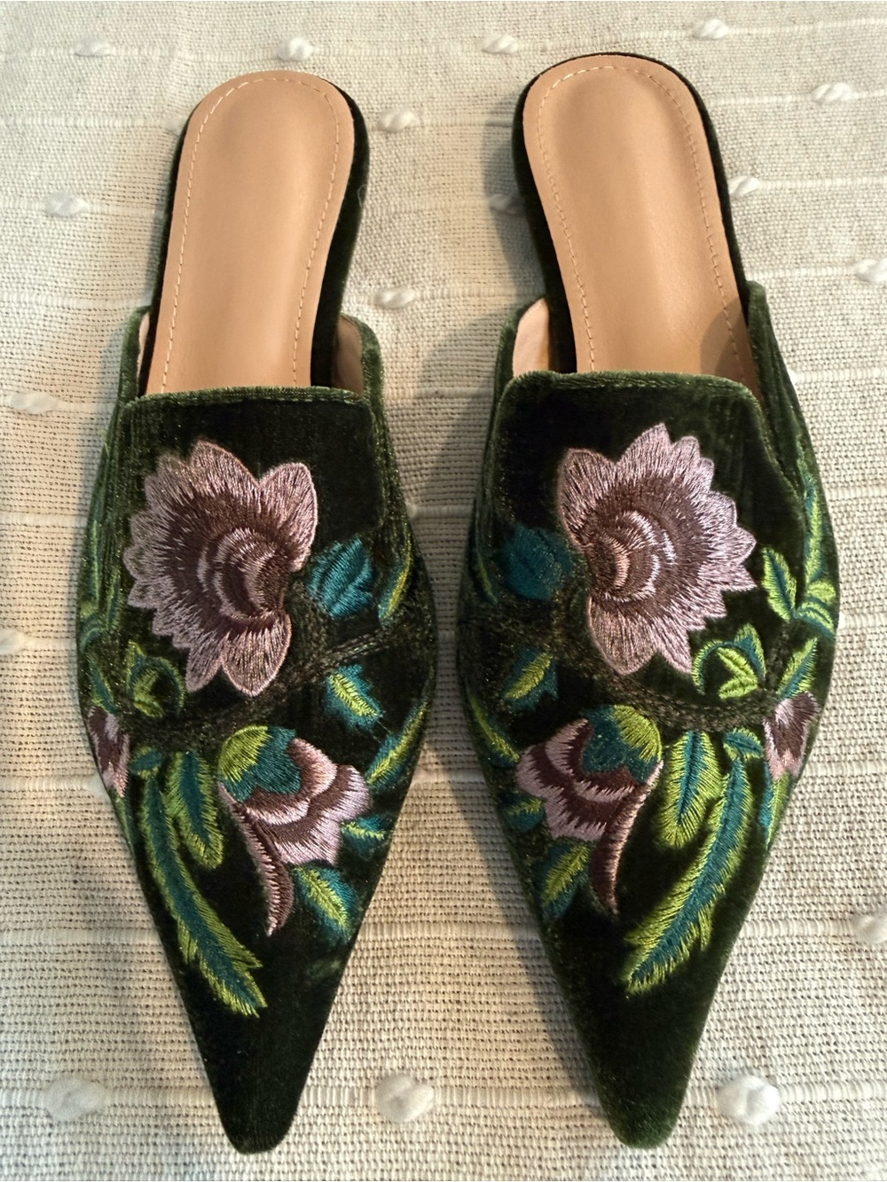 Green Velvet Pointed Slip-On Flats with Floral Embroidery